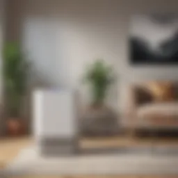 A modern air purifier placed in a bright living room