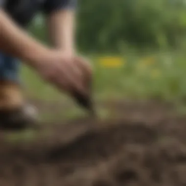 Close-up view of dandelion roots being removed from soil