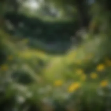 A lush garden showcasing dandelions and other vegetation