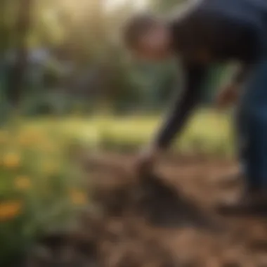 A gardener applying natural mulch to suppress weed growth