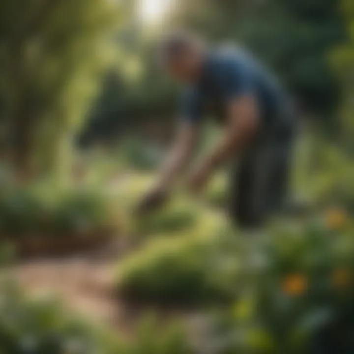 A gardener applying a natural scent-based repellent in a vegetable patch