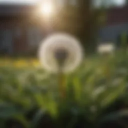 Close-up of dandelion leaves and flowers in a yard