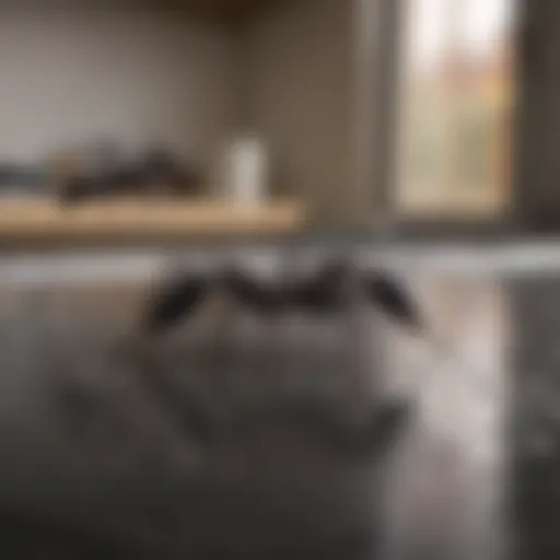 A close-up view of black ants on a kitchen countertop.