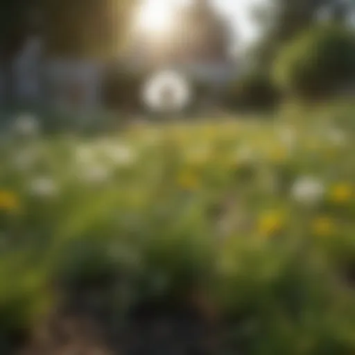 A lush green lawn with dandelions scattered throughout