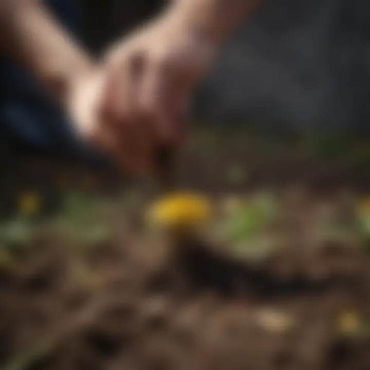 Close-up of a dandelion root being removed from soil