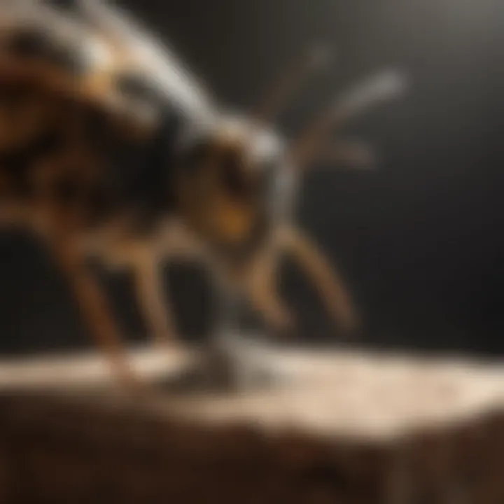 Person applying chemical spray near a wasp nest