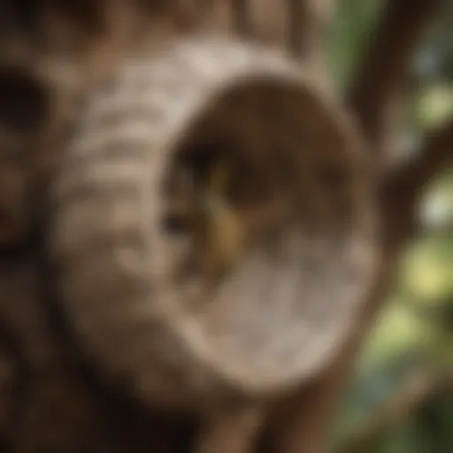 Close-up of a wasp nest in a tree