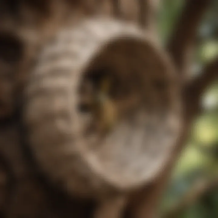 Close-up of a wasp nest in a tree