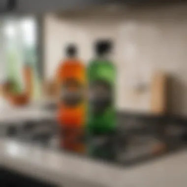 Various cleaning products suitable for glass top stoves on a kitchen counter.