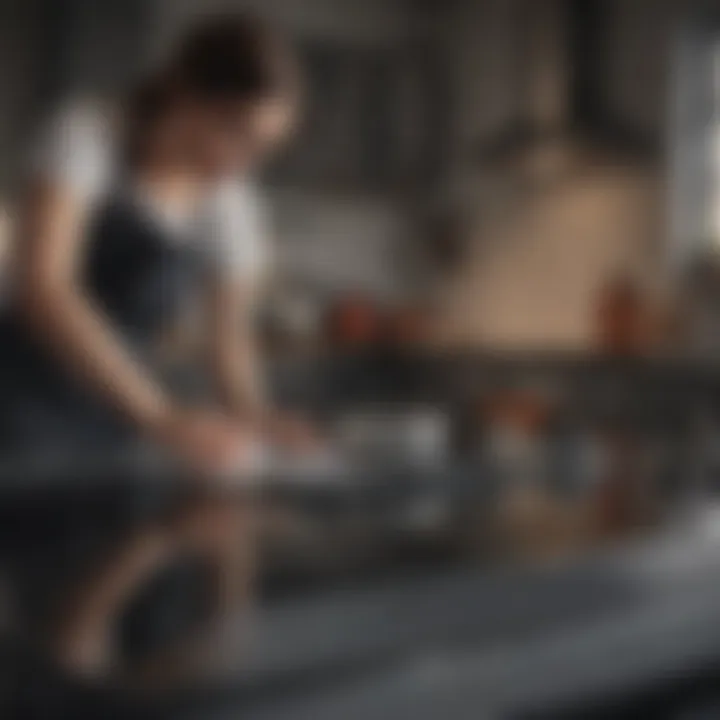 A person using a soft cloth to clean a glass top stove.