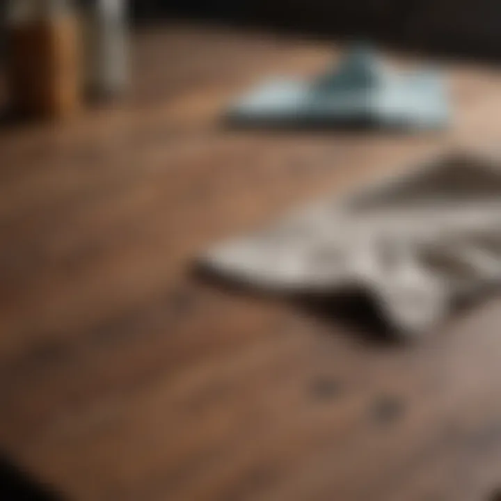 A wooden table with greasy spots and a cleaning cloth