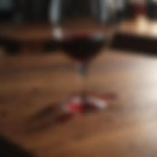 Close-up of a wooden table with a red wine stain