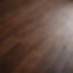 A close-up view of a wood floor with a dark stain
