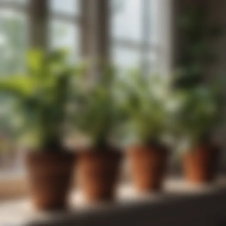 Sunlight filtering through leaves of thriving potted plants