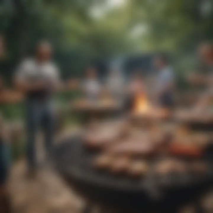 An outdoor gathering with friends enjoying grilled food and conversation.