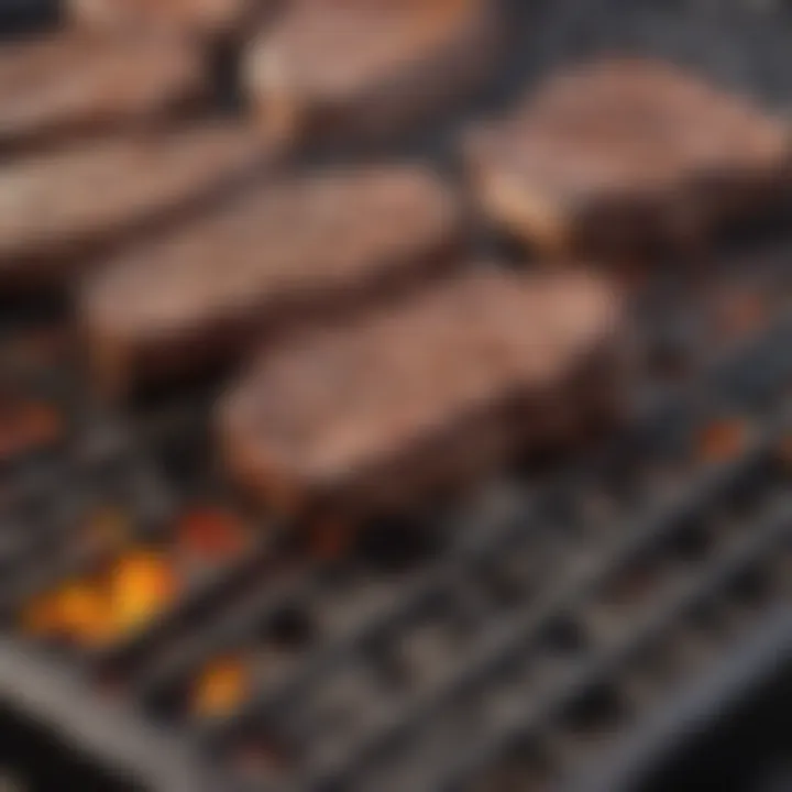 Close-up of grill grates with a sear mark on steak, emphasizing grilling techniques.