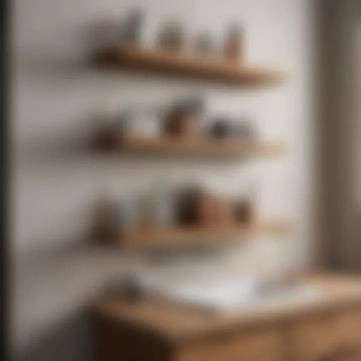 Elegant wooden standing shelves in a serene bathroom setting