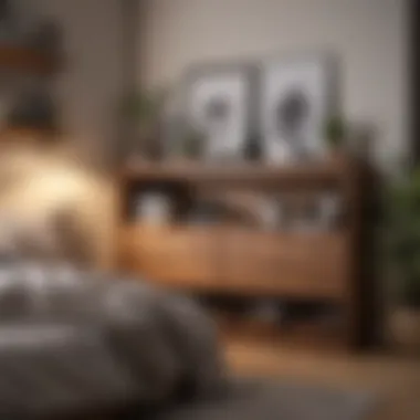 Cozy Bedroom Setup with Functional Shelves A cozy bedroom setup displaying functional shelves with drawers and soft lighting
