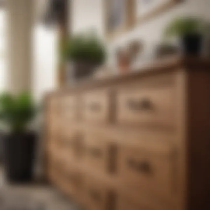 Close-up of a wooden shelf with beautifully crafted drawers, highlighting craftsmanship