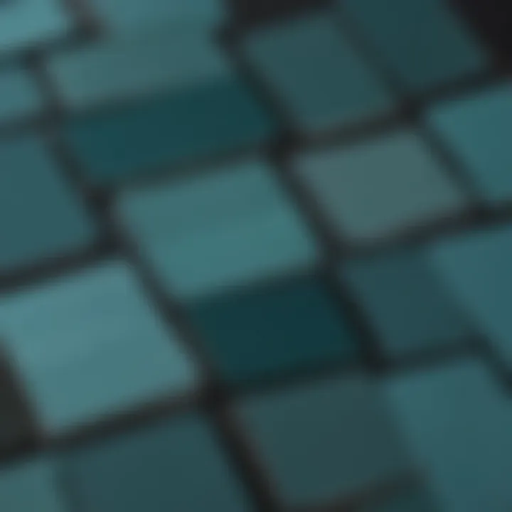 A color swatch display featuring various shades of teal from Benjamin Moore