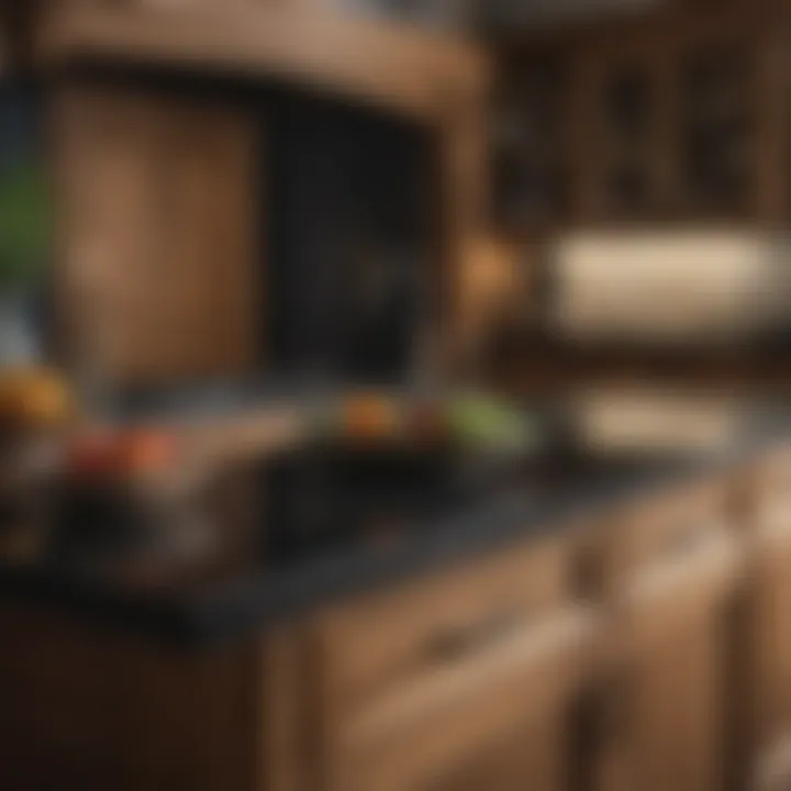 Elegant black quartz countertop paired with warm wood cabinetry