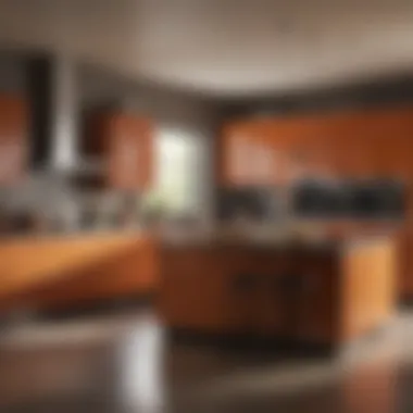 A modern kitchen using brown cabinetry paired with vibrant colors