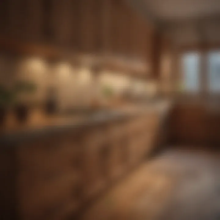 Warm under-cabinet lights illuminating wooden cabinetry