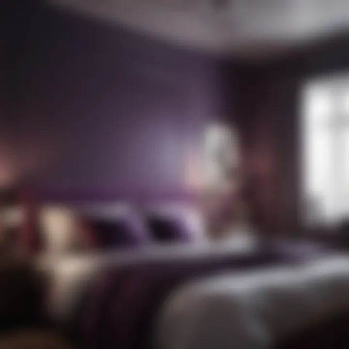 Elegant dark purple bedroom with plush bedding