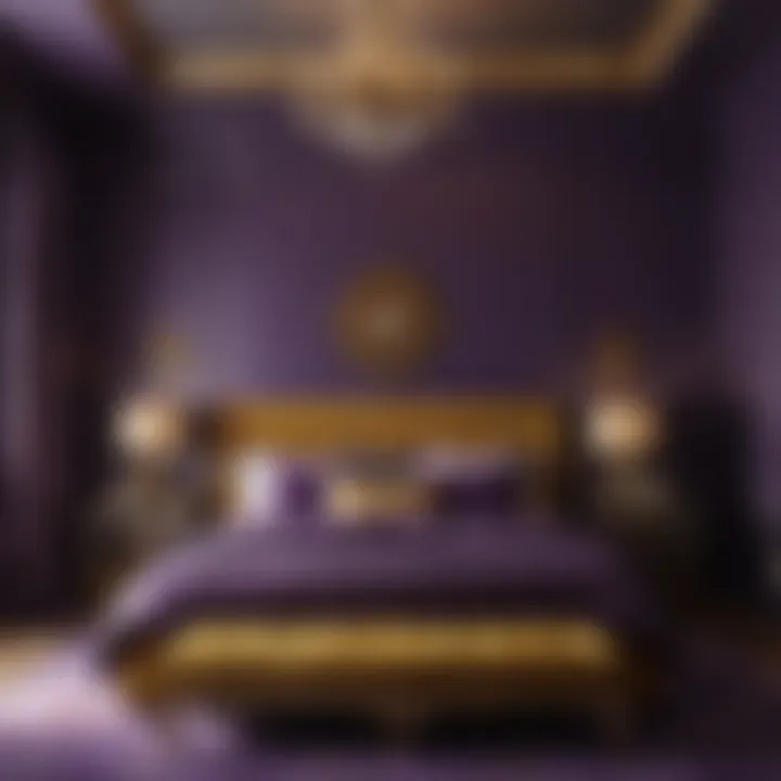 Bedroom styled with dark purple and gold decor