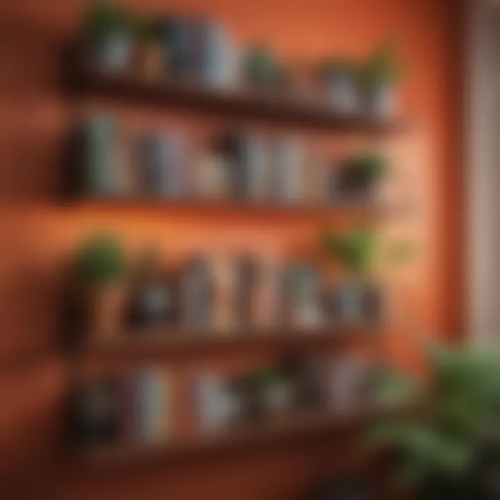 Colorful wall shelves displaying books and plants in a cozy nook
