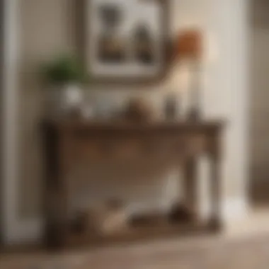 Rustic Console Table in Hallway Rustic console table with decorative elements in an inviting hallway.