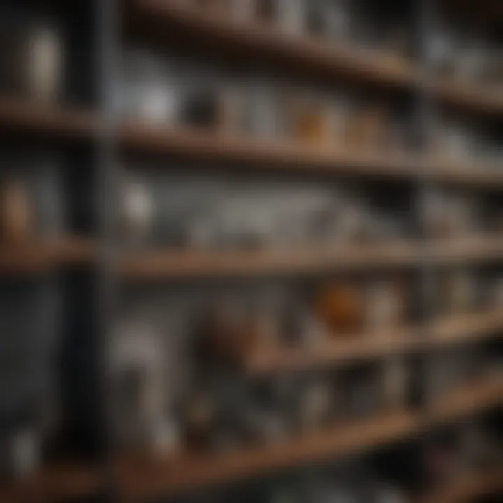 A close-up view of diverse materials used in shelving, highlighting wood, metal, and glass elements.