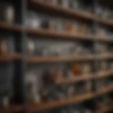 Materials in Shelving Design A close-up view of diverse materials used in shelving, highlighting wood, metal, and glass elements.