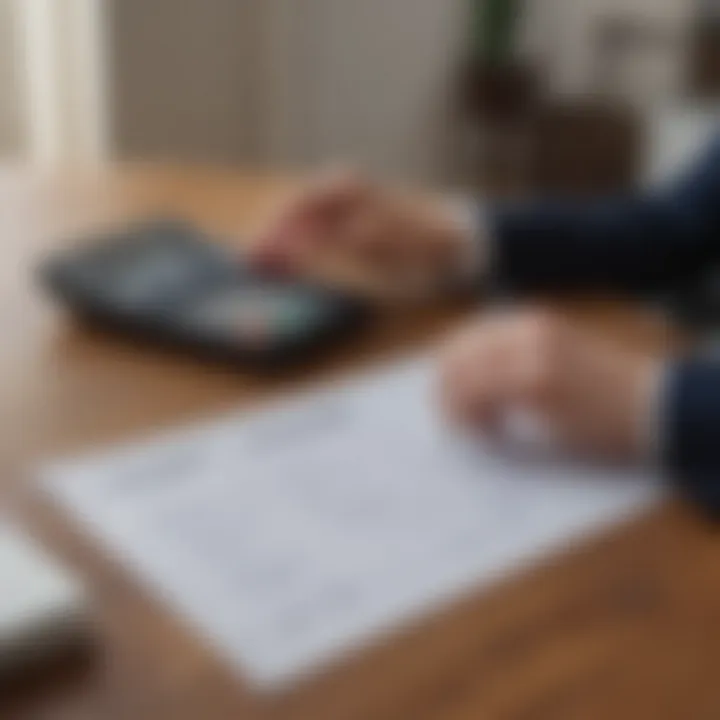 A person reviewing documents with a calculator, symbolizing financial planning.