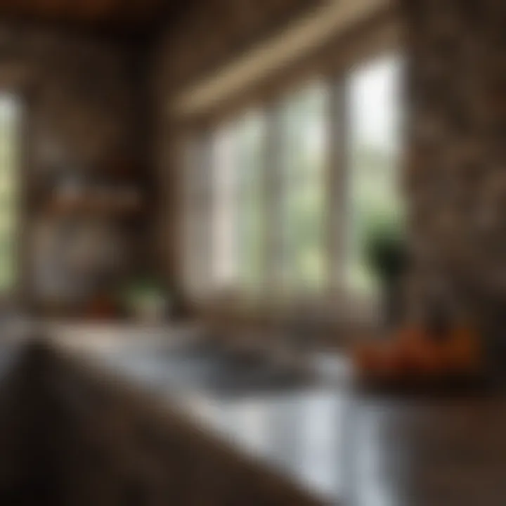 A rustic kitchen featuring a natural stone backsplash