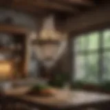 Elegant chandelier above a rustic kitchen table