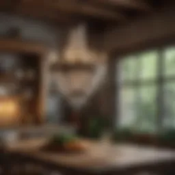 Elegant chandelier above a rustic kitchen table