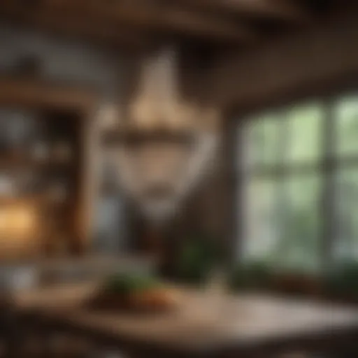 Elegant chandelier above a rustic kitchen table
