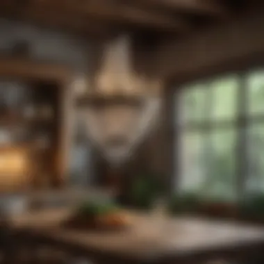 Elegant Chandelier in Rustic Setting Elegant chandelier above a rustic kitchen table