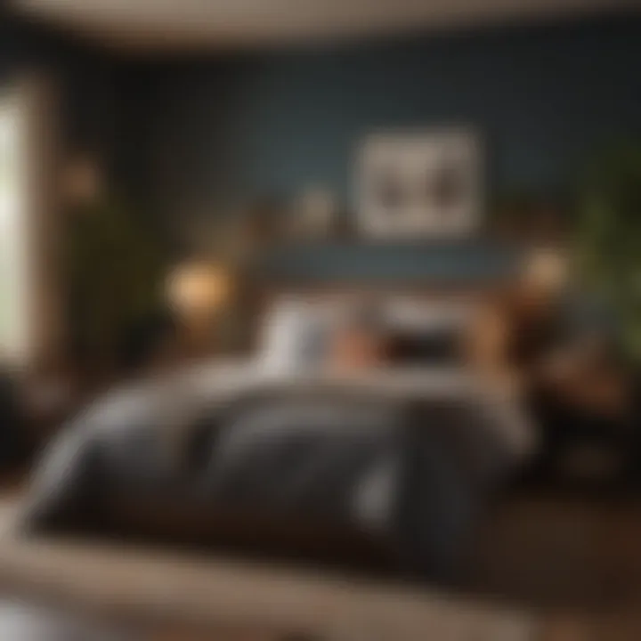 A cozy bedroom featuring deep hues from Magnolia Home collection