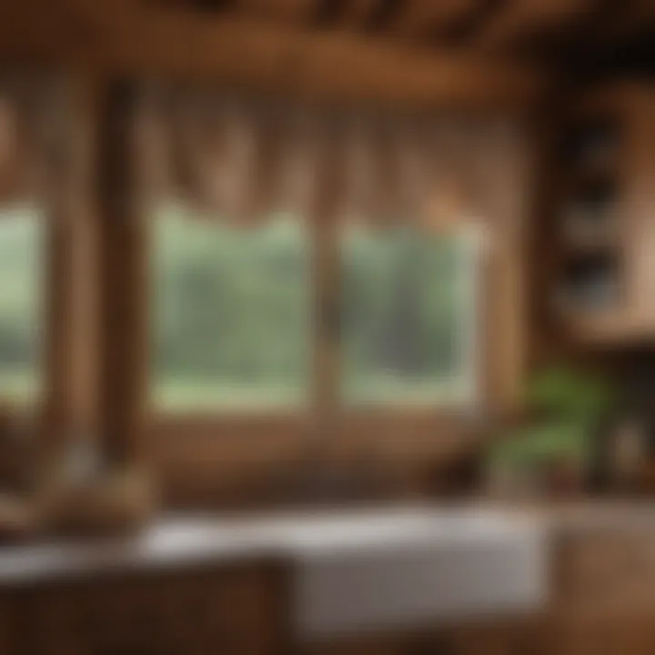 Rustic wooden kitchen featuring a classic valance