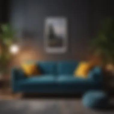 Inviting Modern Sofa with Vibrant Decor Elements An inviting modern sofa paired with vibrant decor elements