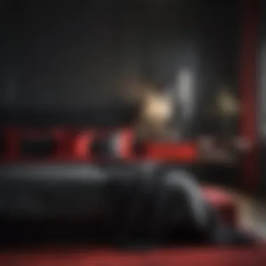 A cozy bedroom showcasing red and black decor