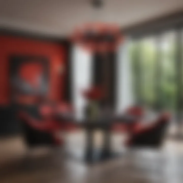 A modern dining area with red and black elements