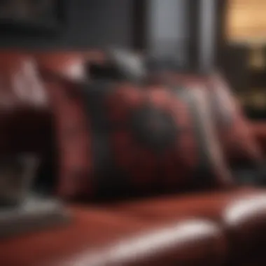 Close-up of a red and black decorative pillow on a sofa