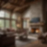 Cozy rustic living room with wooden beams and stone fireplace