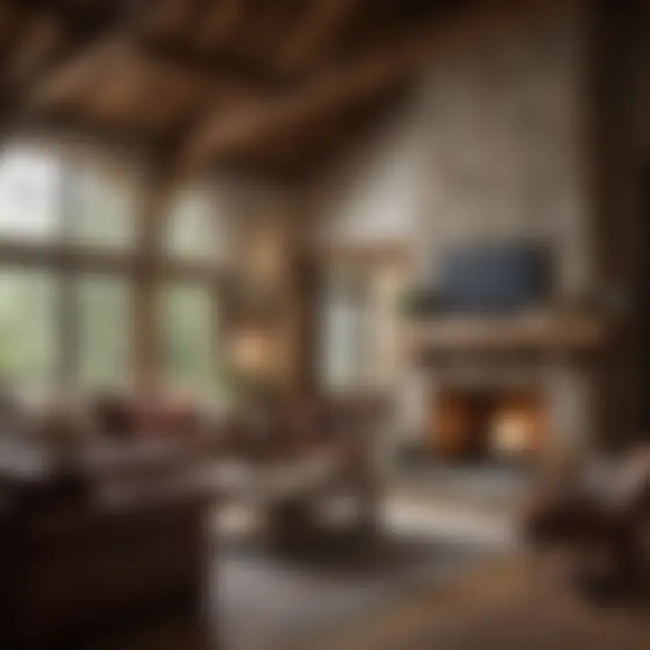 Cozy rustic living room with wooden beams and stone fireplace