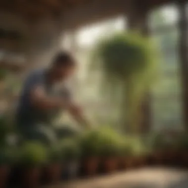 A gardener tending to a string plant, highlighting care techniques