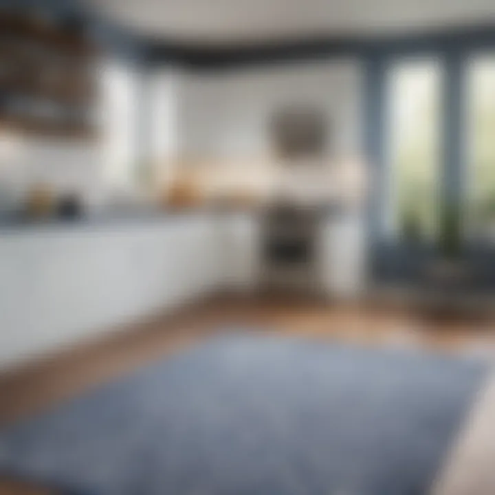 Stylish blue and white geometric rug complementing a contemporary kitchen layout