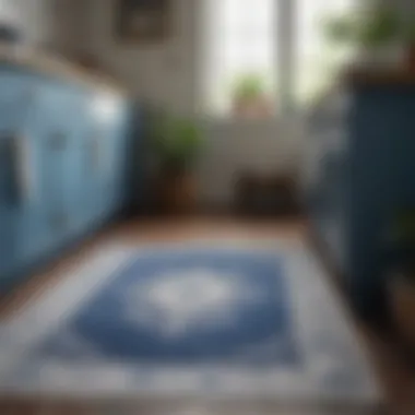 A cozy kitchen featuring a vintage blue and white rug with floral patterns